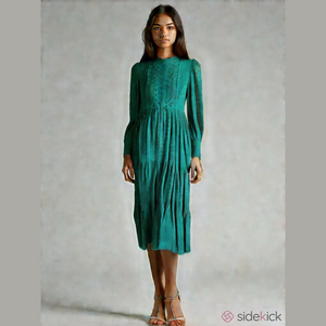 Beulah Style Green Eyelet Long Sleeve Dress Size Medium
